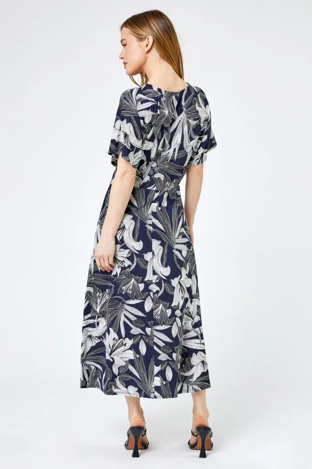 Women Navy Petite Lily Print Ruched Midi Dress Roman Dresses