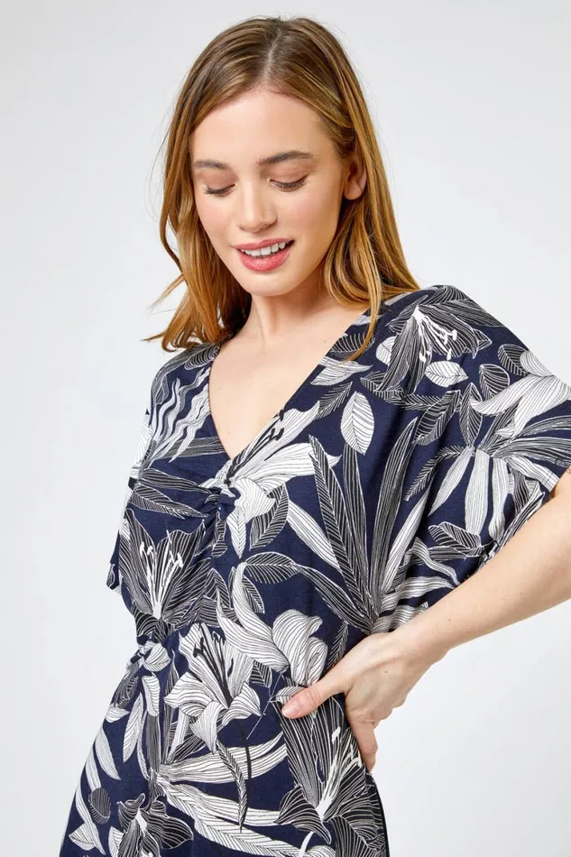 Women Navy Petite Lily Print Ruched Midi Dress Roman Dresses