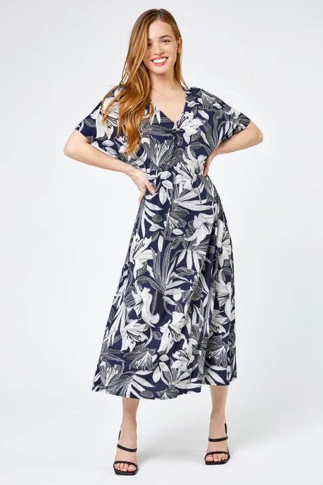 Women Navy Petite Lily Print Ruched Midi Dress Roman Dresses