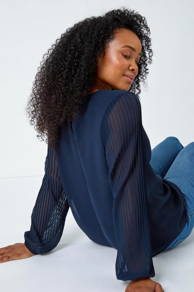 Women Navy Petite Pleated Sleeve Gathered Chiffon Top Roman Tops
