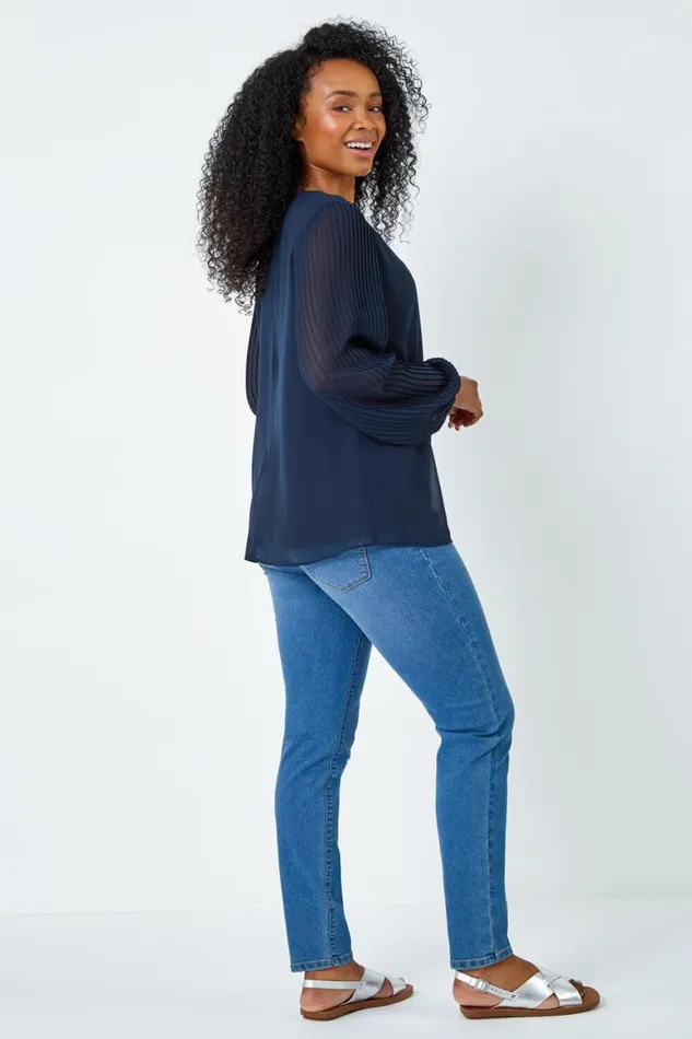 Women Navy Petite Pleated Sleeve Gathered Chiffon Top Roman Tops