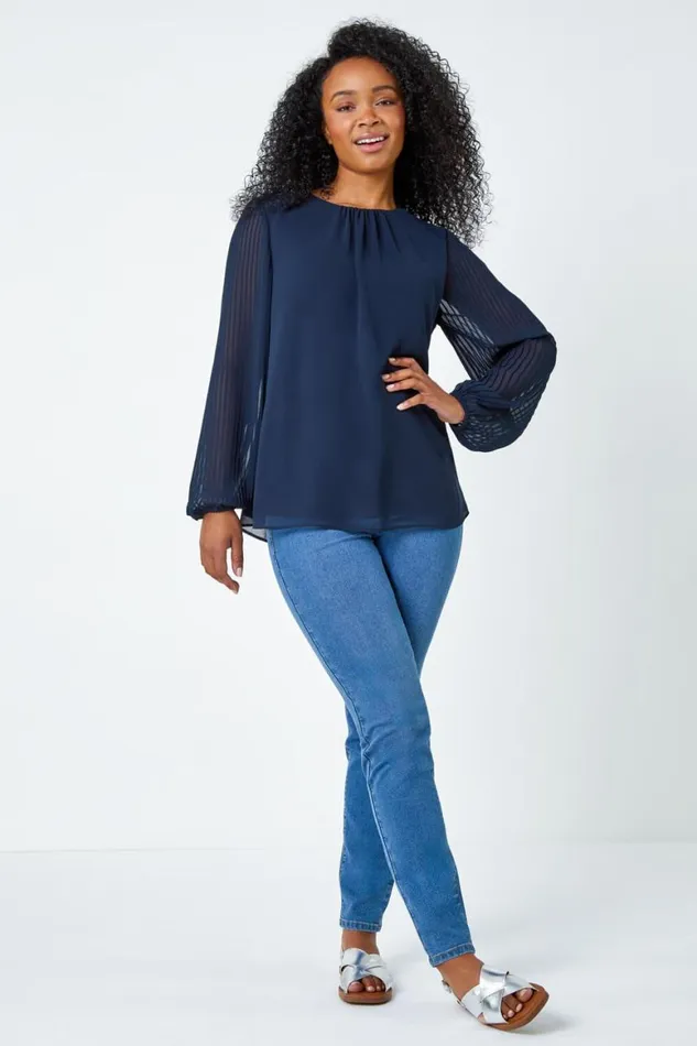 Women Navy Petite Pleated Sleeve Gathered Chiffon Top Roman Tops