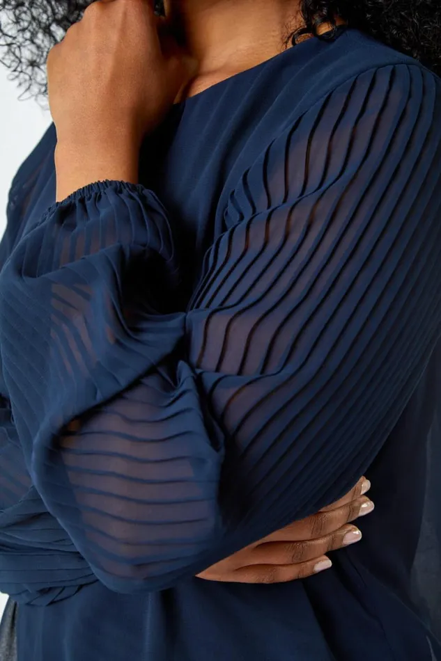 Women Navy Petite Pleated Sleeve Gathered Chiffon Top Roman Tops