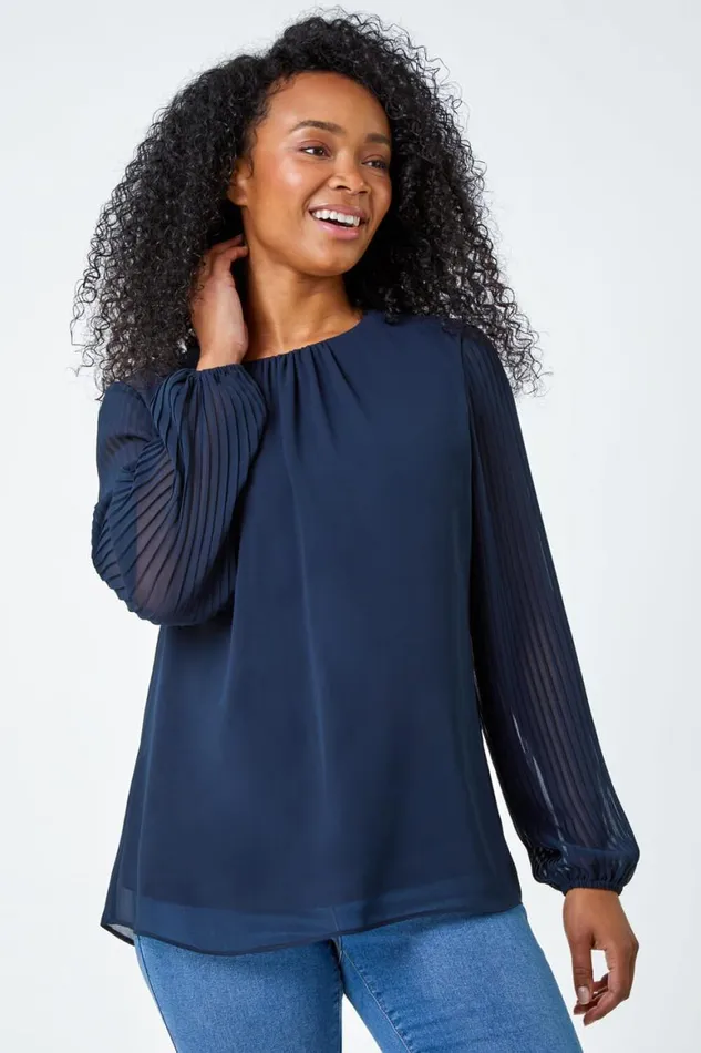 Women Navy Petite Pleated Sleeve Gathered Chiffon Top Roman Tops