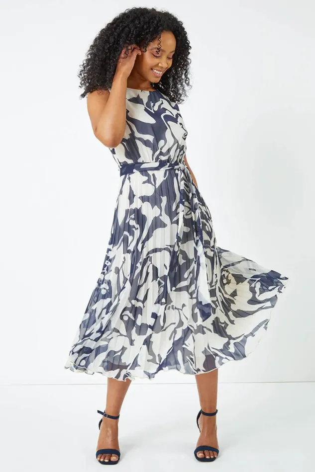 Women Navy Petite Sleeveless Floral Chiffon Dress Roman Dresses