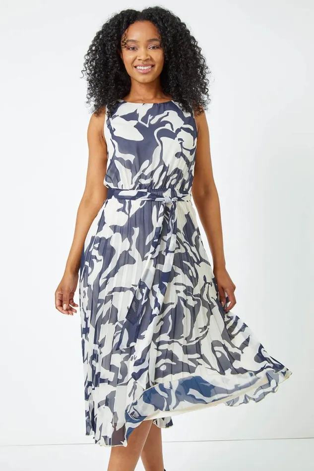 Women Navy Petite Sleeveless Floral Chiffon Dress Roman Dresses