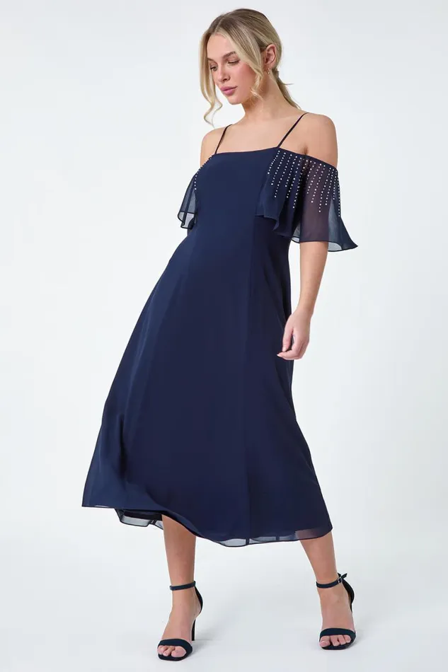 Women Navy Petite Sparkle Embellished Bardot Midi Dress Roman Dresses