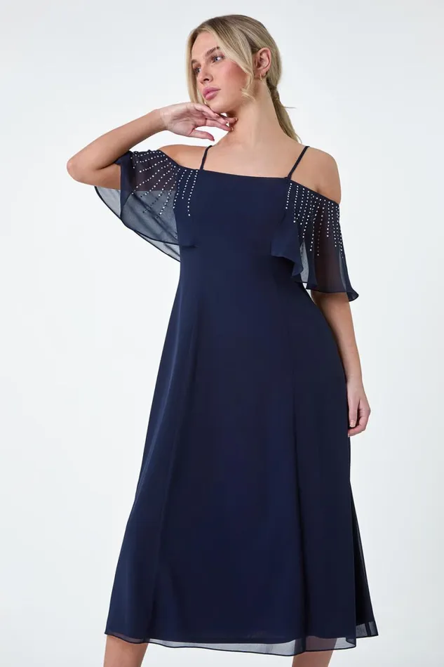 Women Navy Petite Sparkle Embellished Bardot Midi Dress Roman Dresses