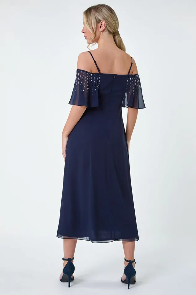 Women Navy Petite Sparkle Embellished Bardot Midi Dress Roman Dresses