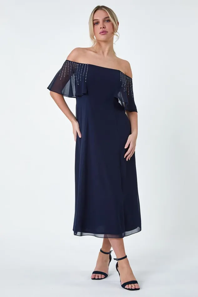 Women Navy Petite Sparkle Embellished Bardot Midi Dress Roman Dresses