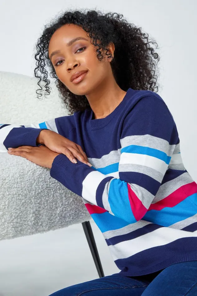 Women Navy Petite Stripe Print Jumper Roman Knitwear