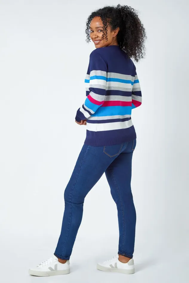 Women Navy Petite Stripe Print Jumper Roman Knitwear