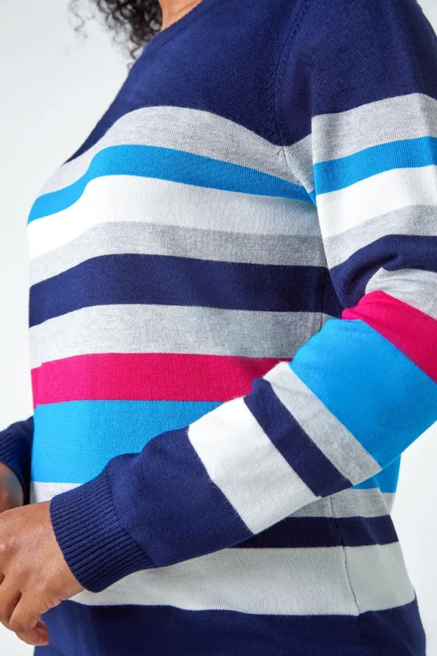 Women Navy Petite Stripe Print Jumper Roman Knitwear
