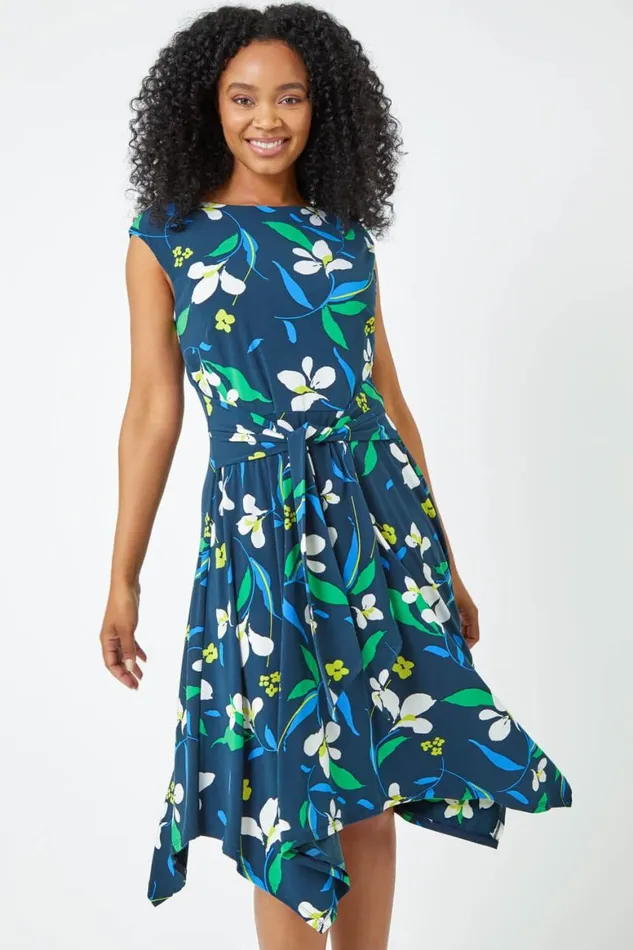 Women Navy Petite Tie Waist Floral Dress Roman Dresses