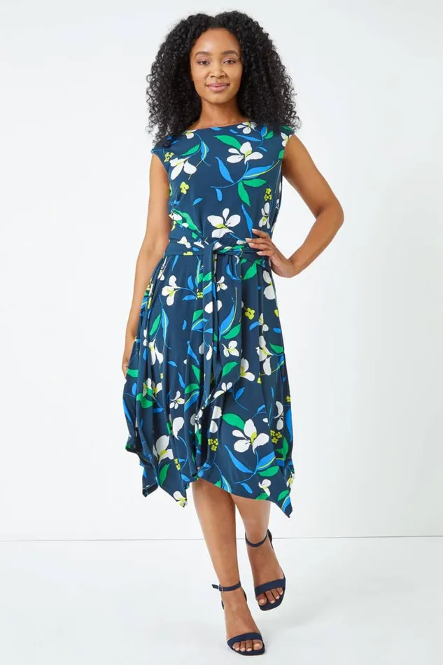 Women Navy Petite Tie Waist Floral Dress Roman Dresses