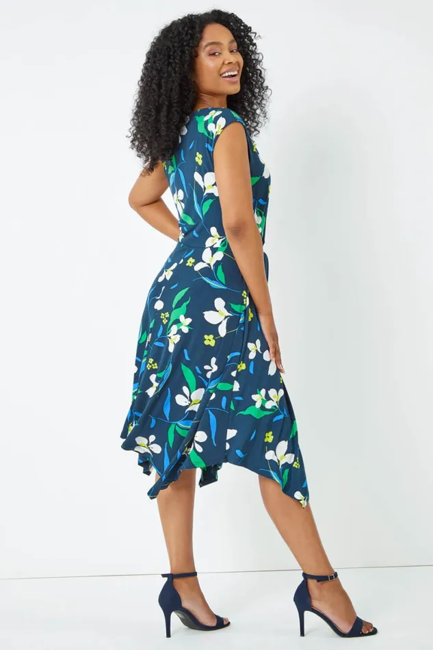 Women Navy Petite Tie Waist Floral Dress Roman Dresses