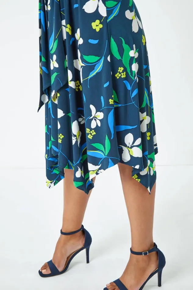 Women Navy Petite Tie Waist Floral Dress Roman Dresses