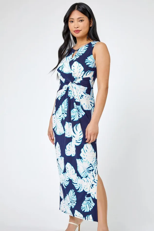 Women Navy Petite Tropical Print Ruched Maxi Dress Roman Dresses