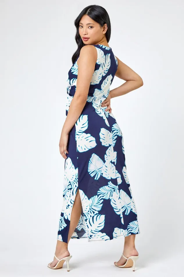 Women Navy Petite Tropical Print Ruched Maxi Dress Roman Dresses