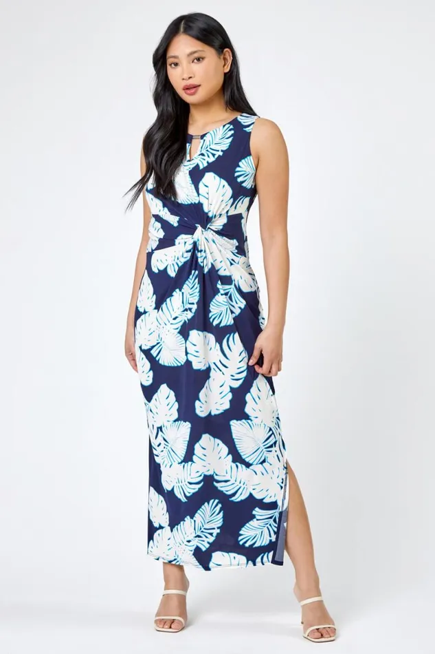 Women Navy Petite Tropical Print Ruched Maxi Dress Roman Dresses
