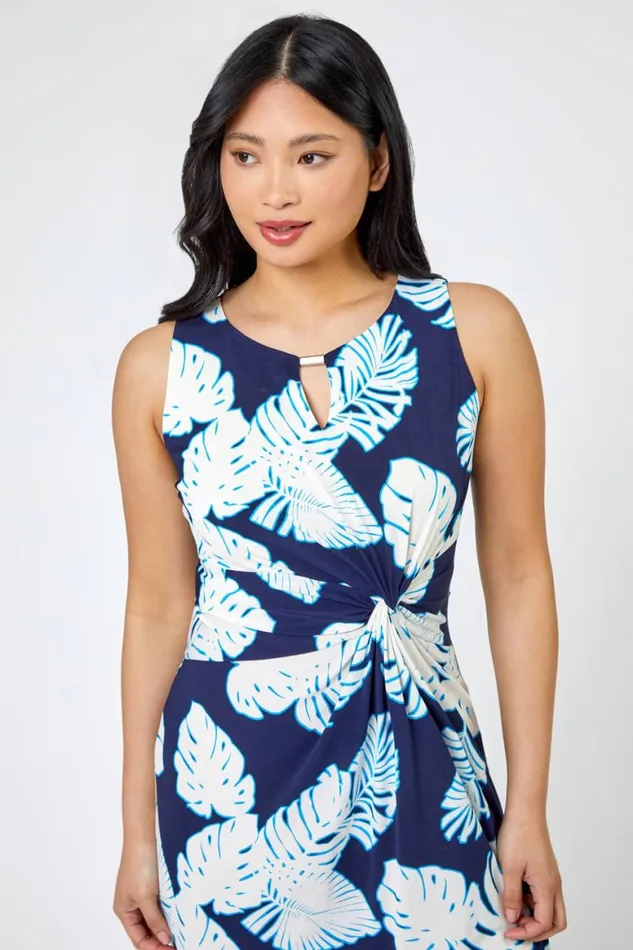 Women Navy Petite Tropical Print Ruched Maxi Dress Roman Dresses