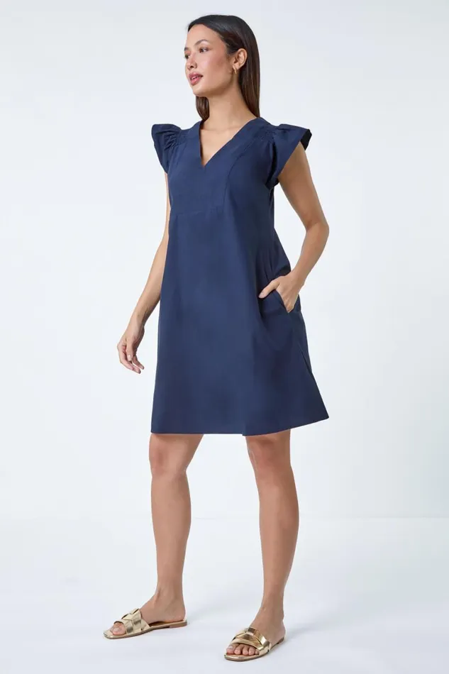 Women Navy Plain Cotton Frill Sleeve Pocket Dress Roman Dresses