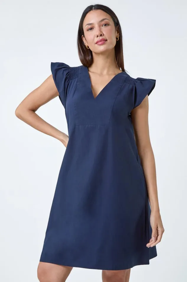 Women Navy Plain Cotton Frill Sleeve Pocket Dress Roman Dresses