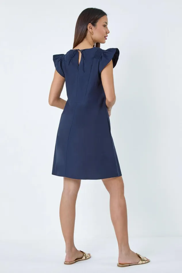 Women Navy Plain Cotton Frill Sleeve Pocket Dress Roman Dresses