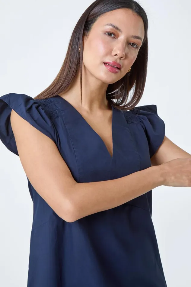 Women Navy Plain Cotton Frill Sleeve Pocket Dress Roman Dresses