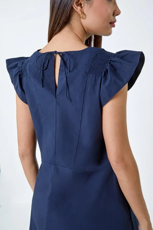 Women Navy Plain Cotton Frill Sleeve Pocket Dress Roman Dresses