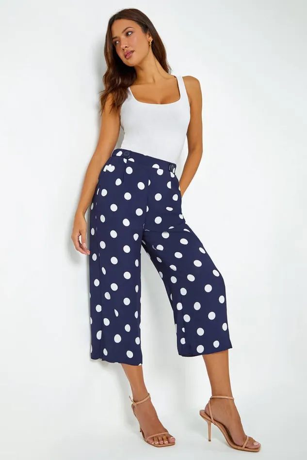 Women Navy Polka Dot Elastic Waist Culotte Trousers Roman Trousers