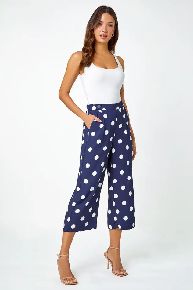 Women Navy Polka Dot Elastic Waist Culotte Trousers Roman Trousers