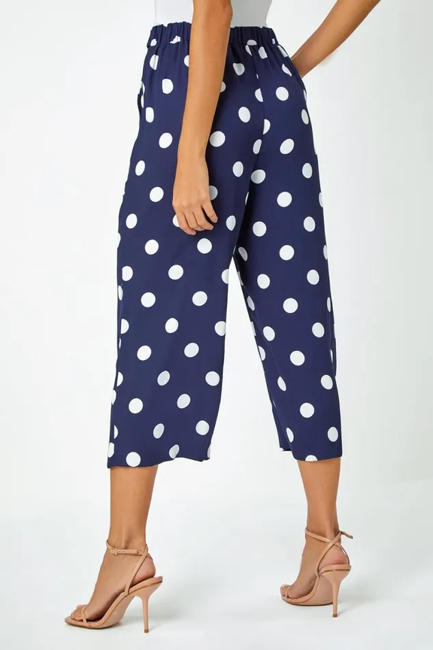 Women Navy Polka Dot Elastic Waist Culotte Trousers Roman Trousers