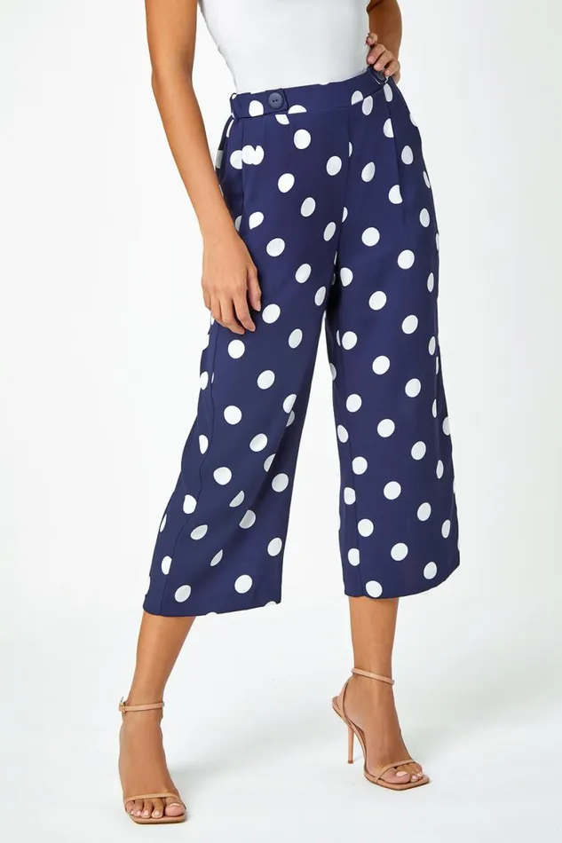 Women Navy Polka Dot Elastic Waist Culotte Trousers Roman Trousers