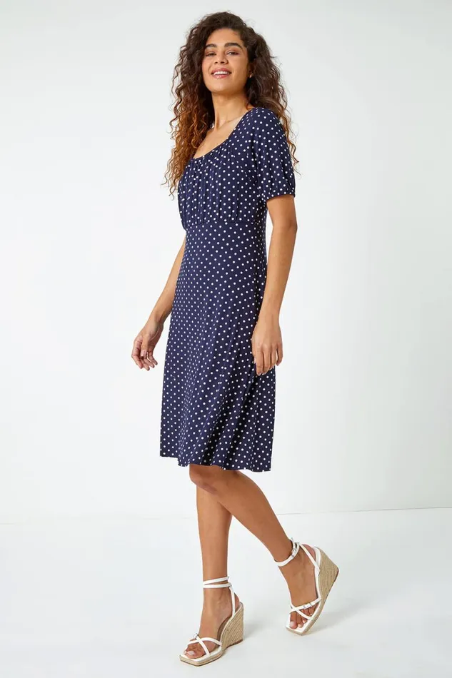 Women Navy Polka Dot Print Stretch Dress Roman Dresses