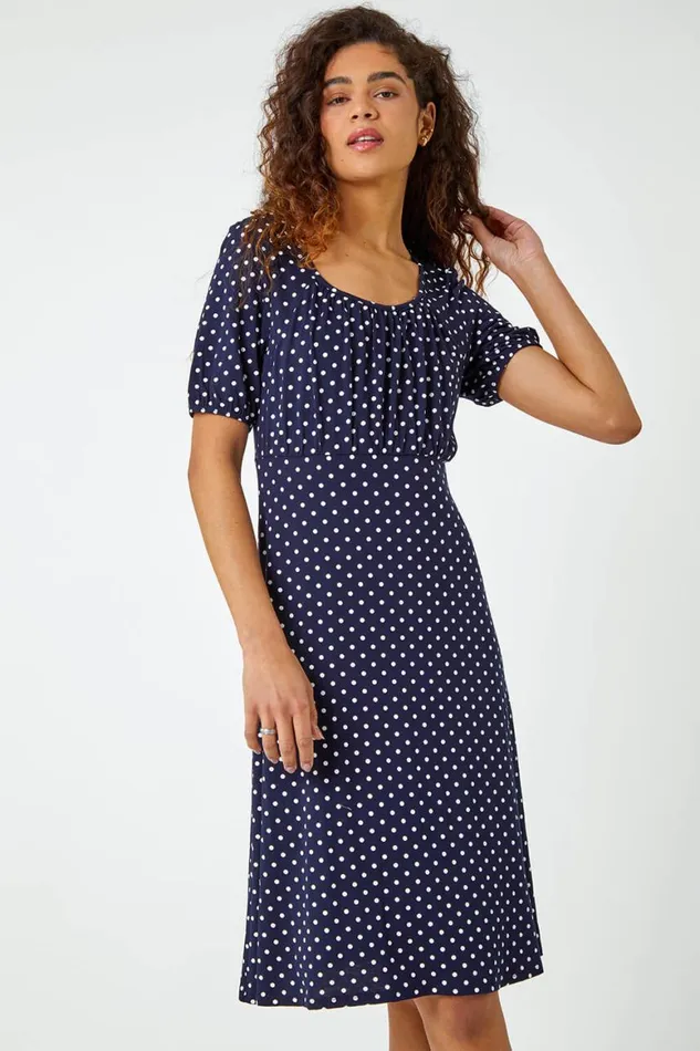 Women Navy Polka Dot Print Stretch Dress Roman Dresses