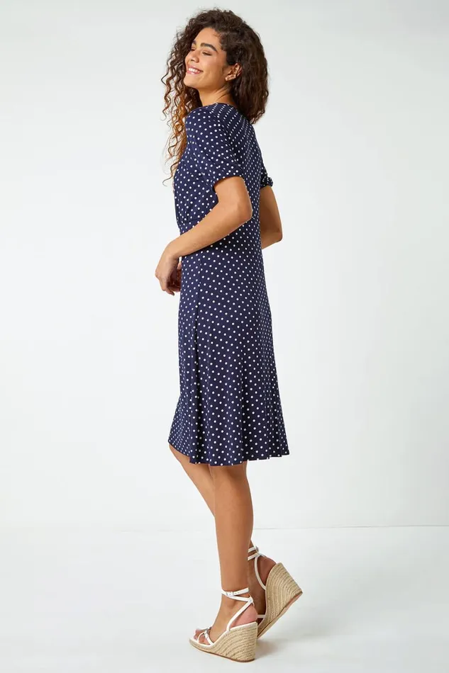 Women Navy Polka Dot Print Stretch Dress Roman Dresses