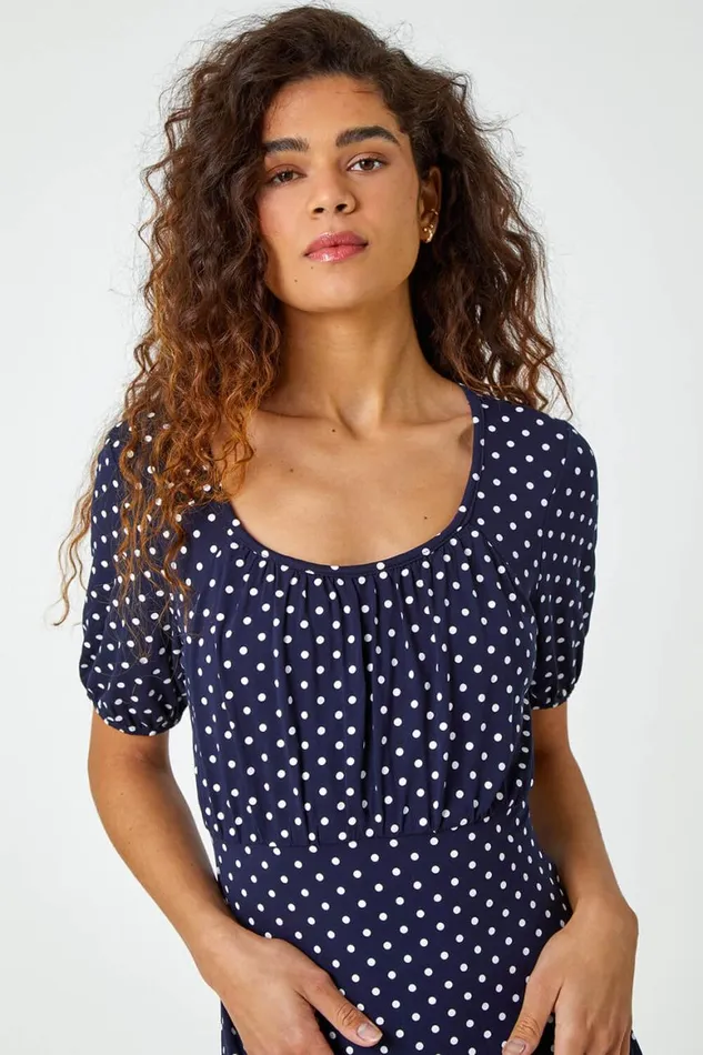 Women Navy Polka Dot Print Stretch Dress Roman Dresses