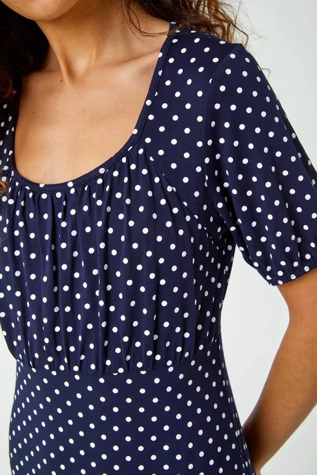 Women Navy Polka Dot Print Stretch Dress Roman Dresses
