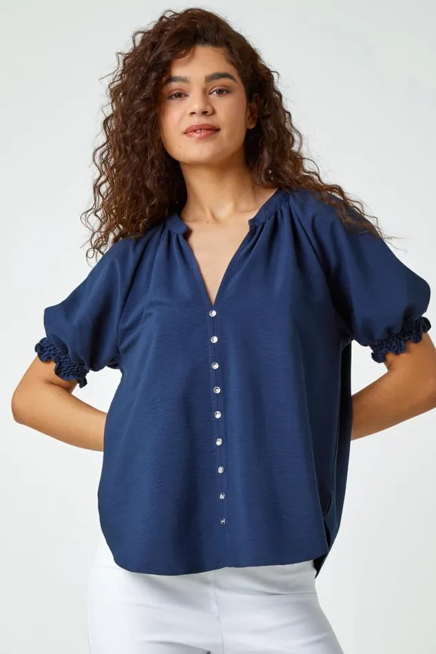 Women Navy Puff Sleeve Button Detail VNeck Blouse Roman Tops