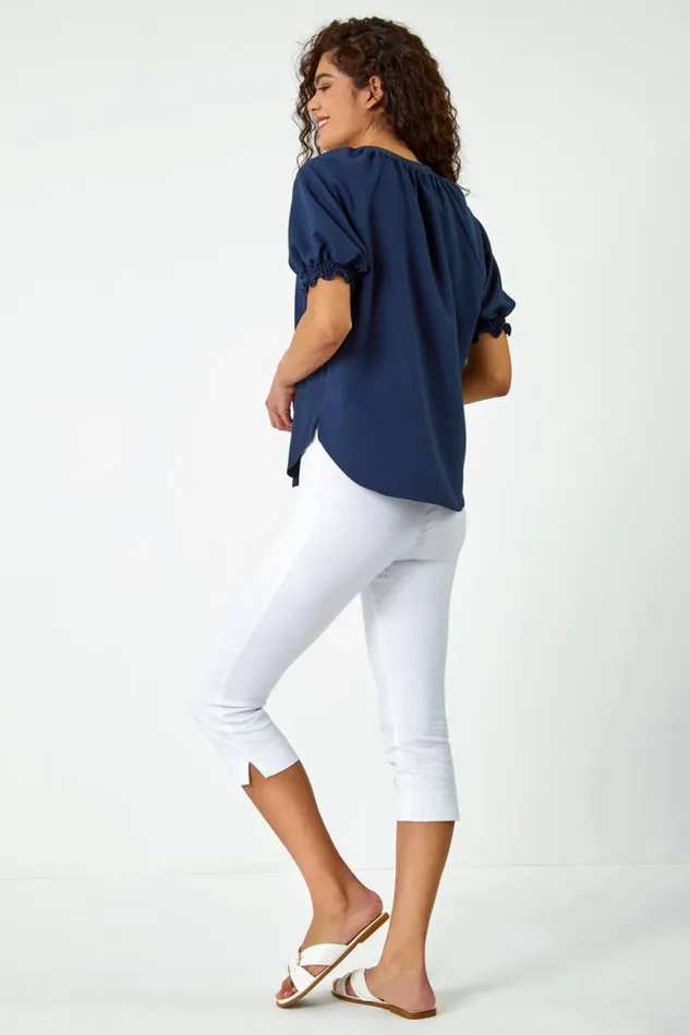 Women Navy Puff Sleeve Button Detail VNeck Blouse Roman Tops