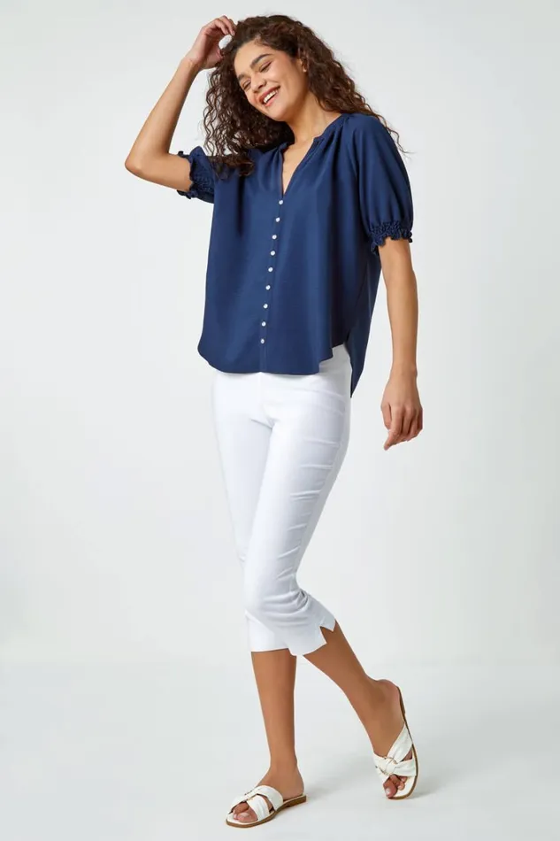 Women Navy Puff Sleeve Button Detail VNeck Blouse Roman Tops