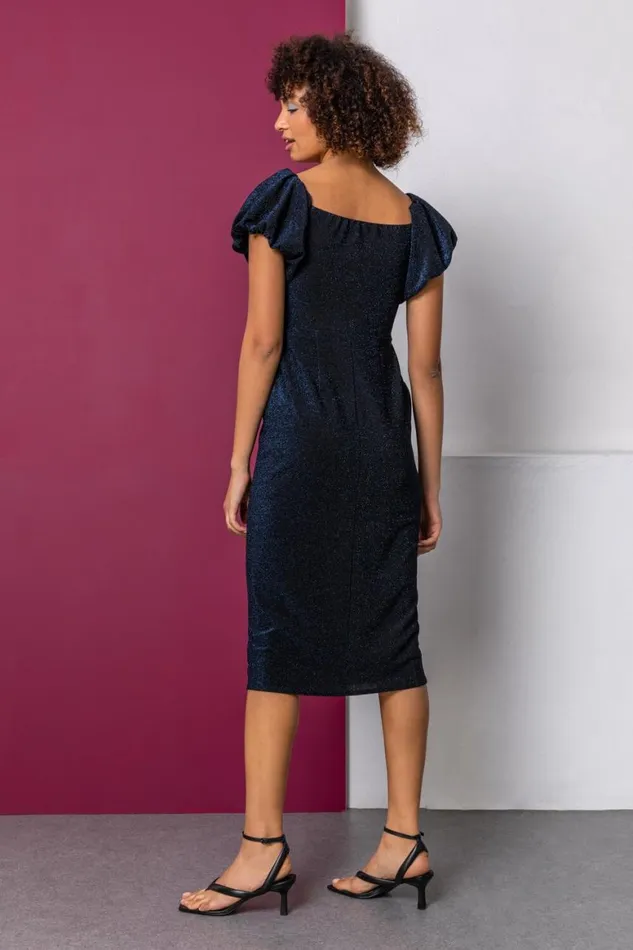 Women Navy Puff Sleeve Sparkle Midi Dress Roman Dresses