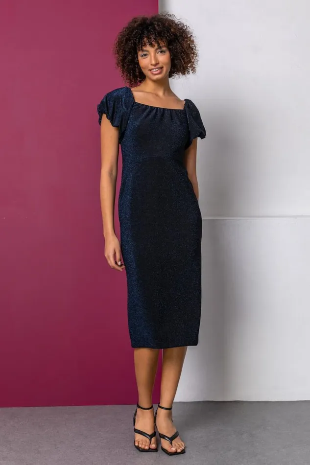 Women Navy Puff Sleeve Sparkle Midi Dress Roman Dresses