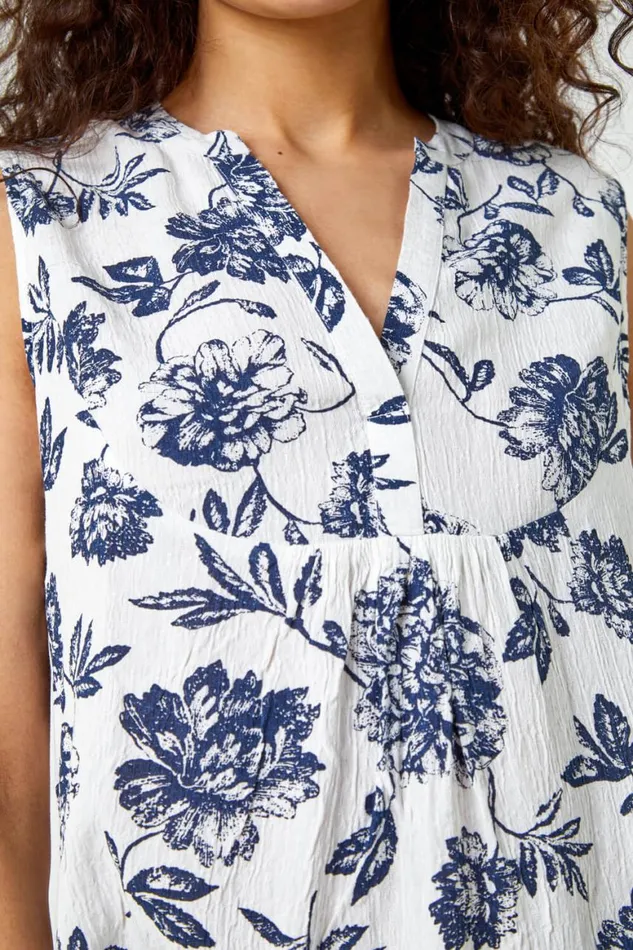 Women Navy Sleeveless VNeck Floral Print Vest Roman Tops