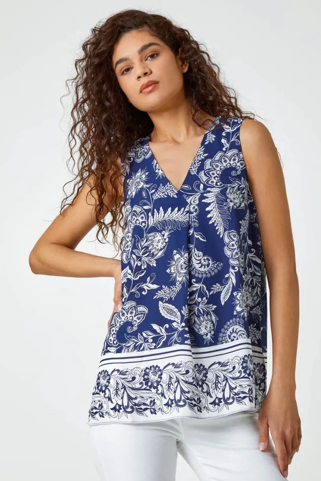 Women Navy Sleeveless VNeck Paisley Pleat Front Top Roman Tops