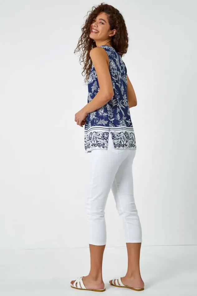 Women Navy Sleeveless VNeck Paisley Pleat Front Top Roman Tops