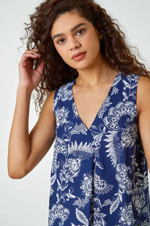 Women Navy Sleeveless VNeck Paisley Pleat Front Top Roman Tops