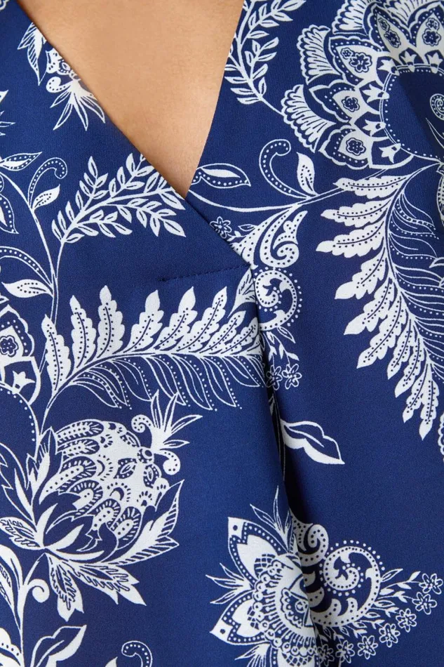 Women Navy Sleeveless VNeck Paisley Pleat Front Top Roman Tops