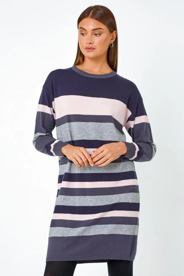 Women Navy Stripe Print Knitted Jumper Dress Roman Dresses